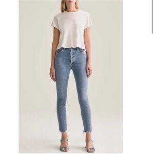 AGOLDE Nico High Rise Slim Fit Rooted Jeans Distressed Chewed Hem Denim Size 29